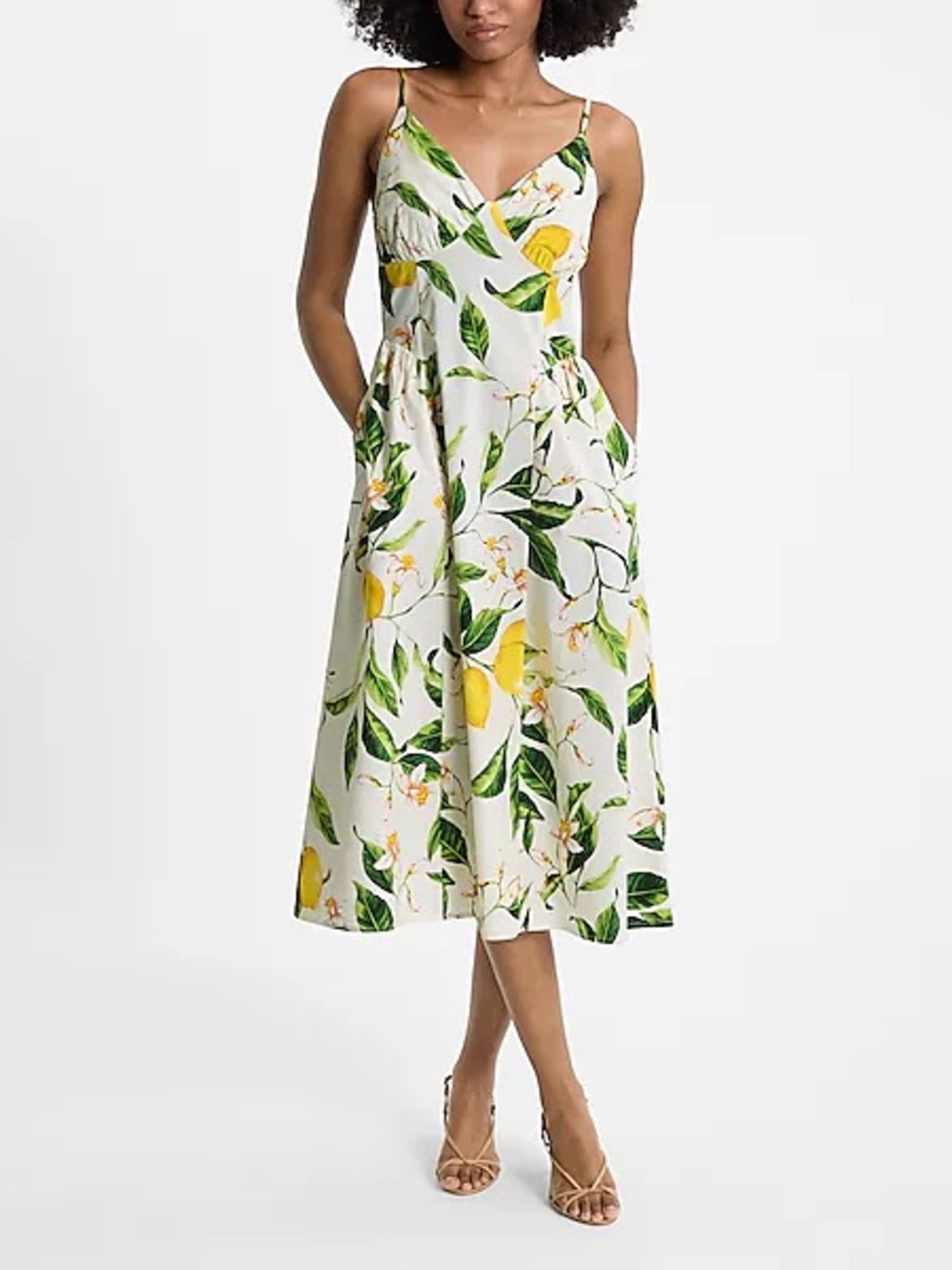 Express Lemon Floral V-Neck Ruched Midi Dress